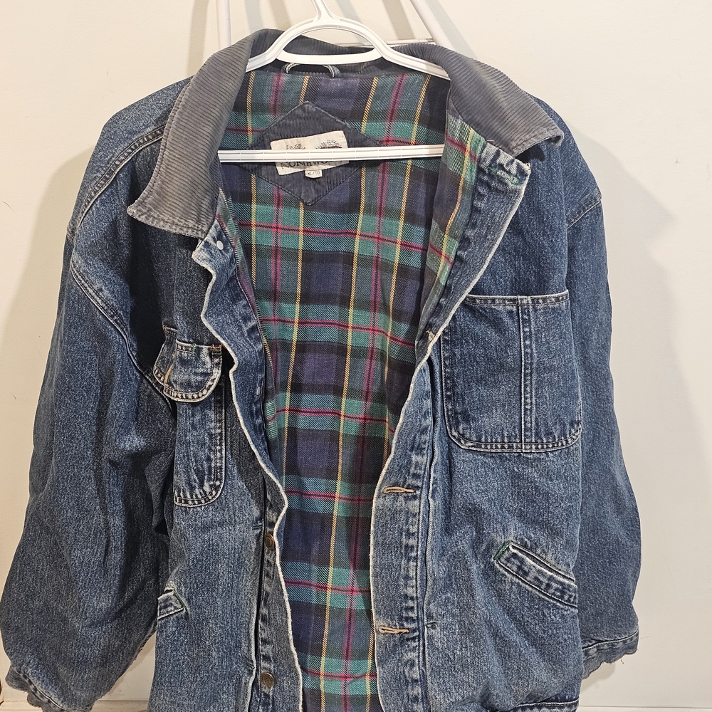 Classic unisex Blue Denim Jean Jacket with Plaid Lining